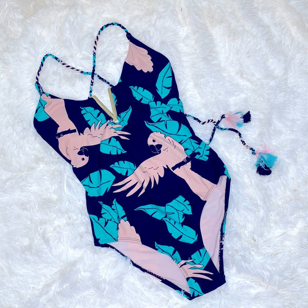 No Boundaries Black Green Pink Bird Criss Cross Tassel Tie Swimsuit Size Small